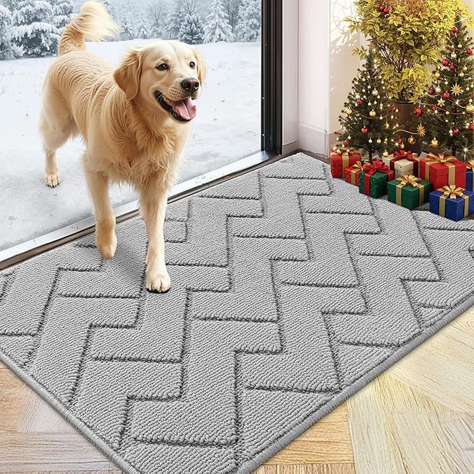 hicorfe Front Door Mat Outside Entrance,24"x35" Absorbent Muddy Dirt Resist Welcome Door Mats Outdoor Indoor,Stain and Fade Resistant,Non Slip Backing Entry Mat Doormat for Entryway (Light Grey)