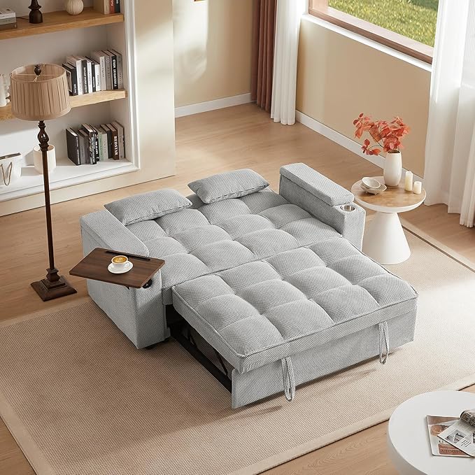 65'' Convertible Sleeper Sofa Bed with Adjustable Backrest, Chaise Lounge, Side Table & USB/Type-C Ports – Stylish & Functional Addition to Any Living Room (Fashion Light Grey)