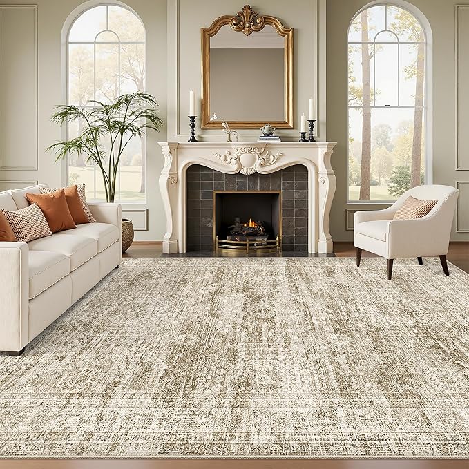 7x9 Area Rug for Living Room Washable Abstract Vintage Soft Thin Indoor Floor Non-Slip Carpet for Bedroom Dining Room Brown