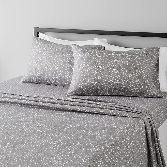 Amazon Basics Lightweight Super Soft Easy Care Microfiber 4 Piece Bed Sheet Set With 14-inch Deep Pockets - King, Grey Arrows,Printed
