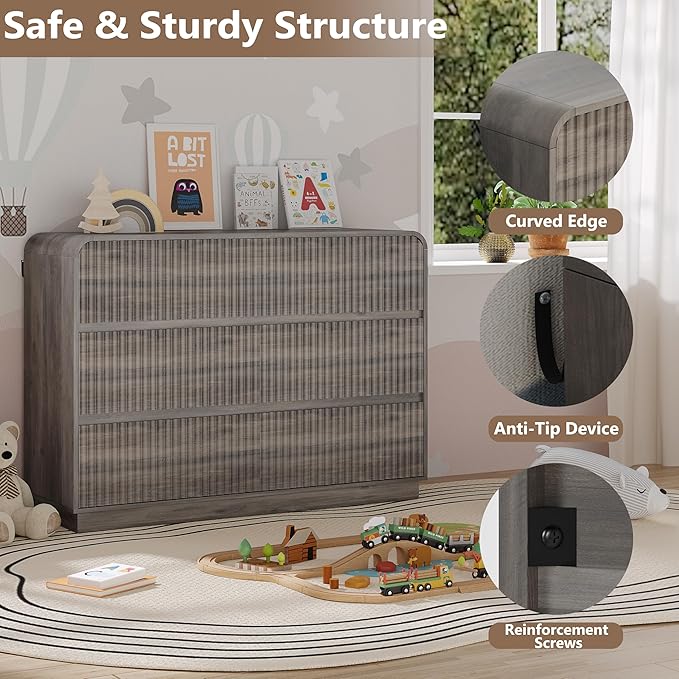 Dresser for Bedroom with 6 Drawers, Fluted Chest of Drawers with Round Curved Corner, Hidden Handles, Modern Wood Storage Organizer for Bedroom, Nursery, Living Room