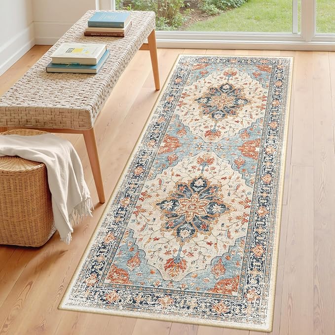 Area Rugs 3'x6' Washable Non-Slip, Floral Vintage Distress Print Pattern Medallion Carpet for Living Room Bedroom Dining Room, Beige Navy Blue Orange Colorful
