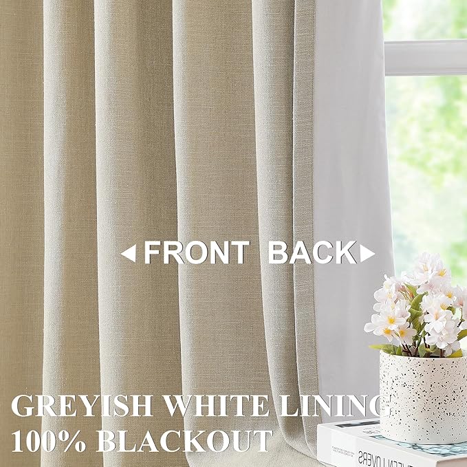Vision Home Sand Linen Full Blackout Curtains for Bedroom Living Room Darkening Soundproof Window Curtains 112 inch Thermal Insulated Rod Pocket Back Tab Linen Drapes 2 Panels 56" Wx112 L