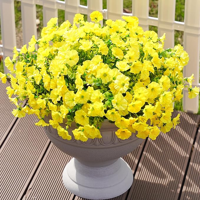 Artificial Flowers Fake Plants for Outdoors Decoration, 12 Bundles Yellow Silk Morning Glory with Eucalyptus Realistic UV Resistant Faux Flowers for Outside Planter Porch Yard Patio Garden Home Indoor