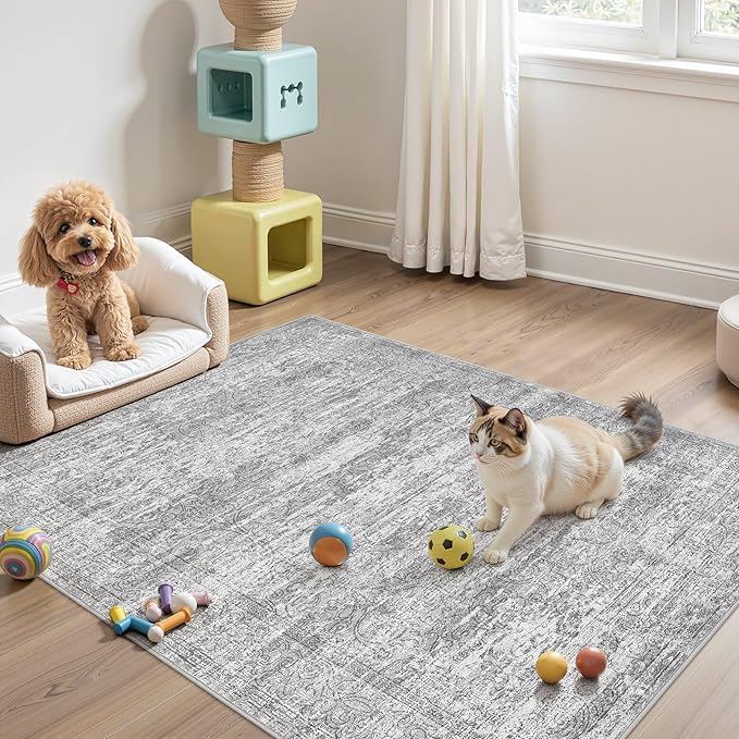 Area Rug Living Room Rugs - 4x6 Large Soft Indoor Neutral Modern Abstract Low Pile Washable Rug Carpet for Bedroom Dining Room Farmhouse Home Office - Vintage Grey