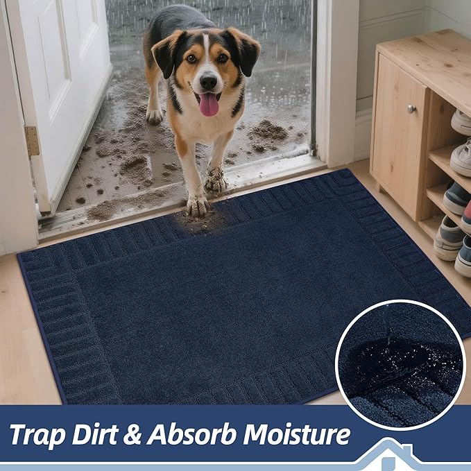 BEQHAUSE Door-Mat-Non-Slip Dirt Trapper Door Mats Low-Profile Front Door Mat Absorbent Floor Mats for Entryway Washable Mud Resistant Home Entrance Doormat,Navy Blue,24"x60"