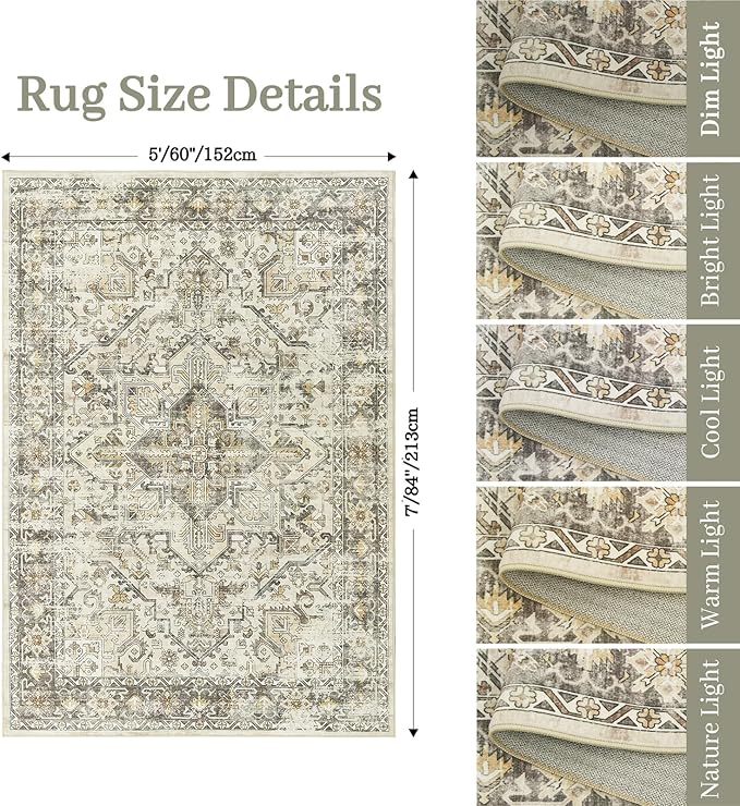 zesthome 5x7 Area Rugs - Ultra-Thin Washble Rug, Stain Resistant Anti Slip Backing Rugs for Living Room,Bedroom, Vintage Home Decor Area Rug (Beige/Brown,5'x7')