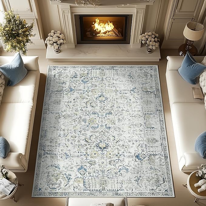 jinchan Kalen Area Rug 9x12 Washable Living Room Rug Vintage Indoor Large Floor Cover Retro Accent Mat Distressed Floral Country Boho Non Slip Thin Carpet for Bedroom Dining Room Office Blue Multi