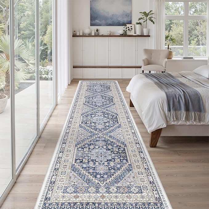 zesthome Washable Runner Rug 2.5x10 - Stain Resistant Entryway Rug,Ultra-Thin Kitchen Rugs, Anti Slip Backing Runner Rugs for Entrance Laundry Room Indoor Hallway (Blue/Beige,2.5'x10')