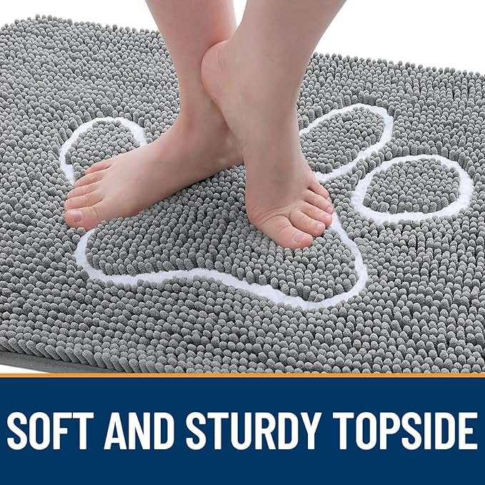 OLANLY Dog Door Mat for Muddy Paws 48x30, Paw Print Design, Absorbs Moisture and Dirt, Absorbent Non-Slip Washable Doormat, Quick Dry Chenille Mud Mat, Entry Indoor Entryway Carpet, Grey and White