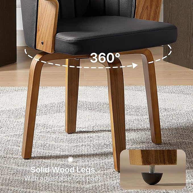 Art Leon Desk Chair No Wheels, Mid Century Modern Swivel Accent Chair, Faux Leather Home Office Desk Chair with Wood Legs for Living Room Bedroom Study, Black/Walnut