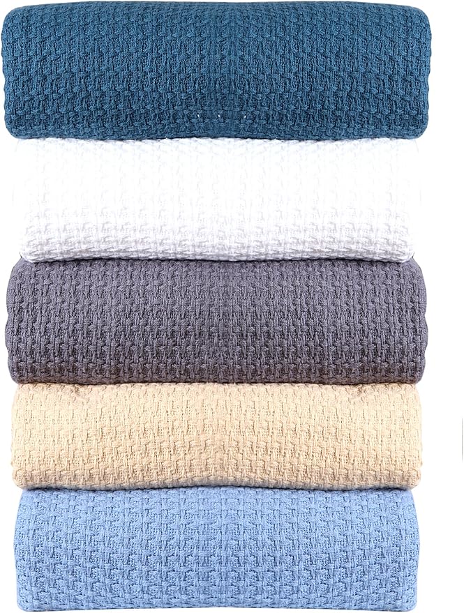 HILLFAIR 100% Combed Cotton Blanket– Queen Bed Blanket– Soft Cozy Warm Multipurpose Throws for Luxury Home Decor– 90 x 90 inch Queen Size Cotton Blankets for Beds- Bed Blankets for All Season- Blue
