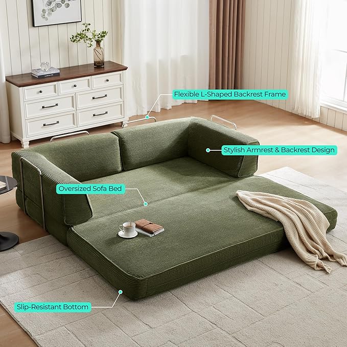 LINSY HOME 79'' Convertible Sofa Bed - Boneless Compression Sofa Folding Loveseat Sleeper - Foldable Corduroy Couch Bed for Living Room Bedroom - Modular Sectional Compressed Sofa in Box, Green
