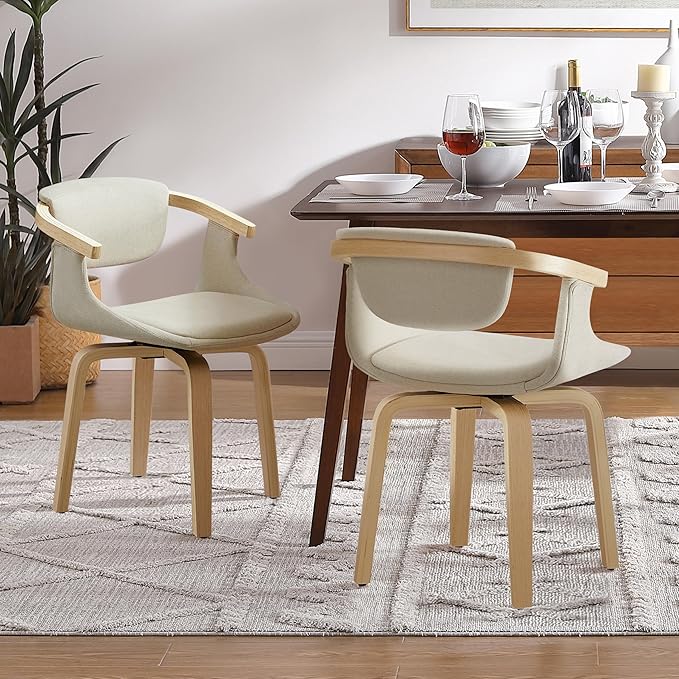 Art Leon Swivel Dining Chairs - Mid Century Modern Fabric Upholstered Kitchen Dining Room Chair with Arms, Desk Chairs No Wheels, Set of 2, Off White