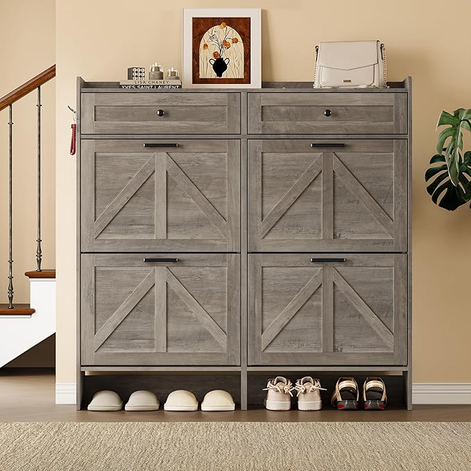 Shoe Storage Cabinet for Entryway, Farmhouse Wide Shoe Cabinet with 4 Flip Drawers and 2 Top Drawers, Freestanding Organizer with Adjustable Shelves, Hooks, and Anti-Tip Kit for Hallway
