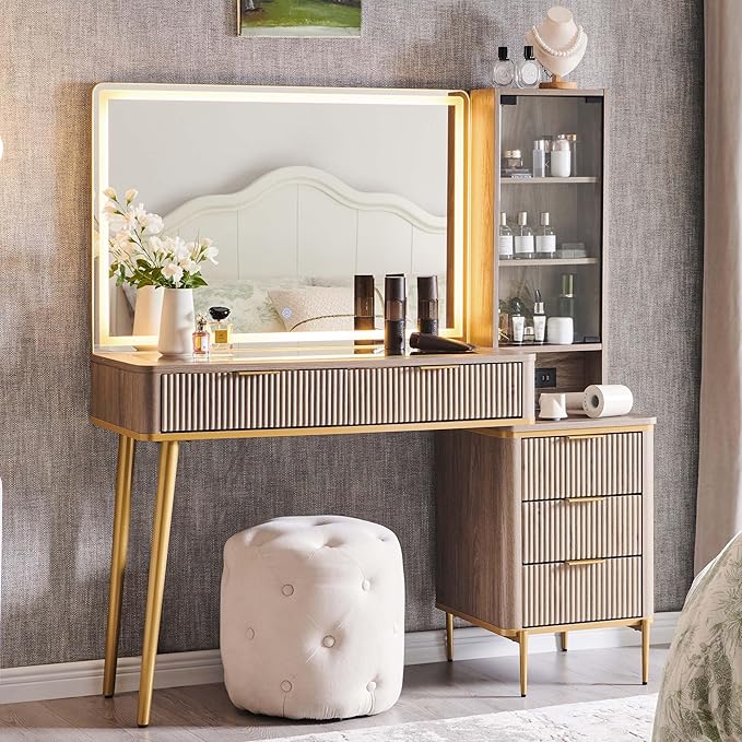 T4TREAM Fluted Makeup Vanity Desk with 36" HD Lighted Mirror, 48" Big Modern Vanity Desk with Mirror and Lights, Dressing Table with 5 Drawers & Shelves, Glass Top for Bedroom (Alder Grey)