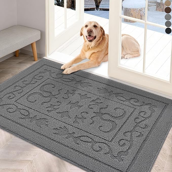 FONEYI Indoor Door Mat, Front Back Door Mat 20" x 32" Non-Slip Rubber Backing Door Rug, Machine Washable Entry Rug, Low Profile Absorbent Dirt Trapper Doormat Inside Floor Mats for Entryway, Grey