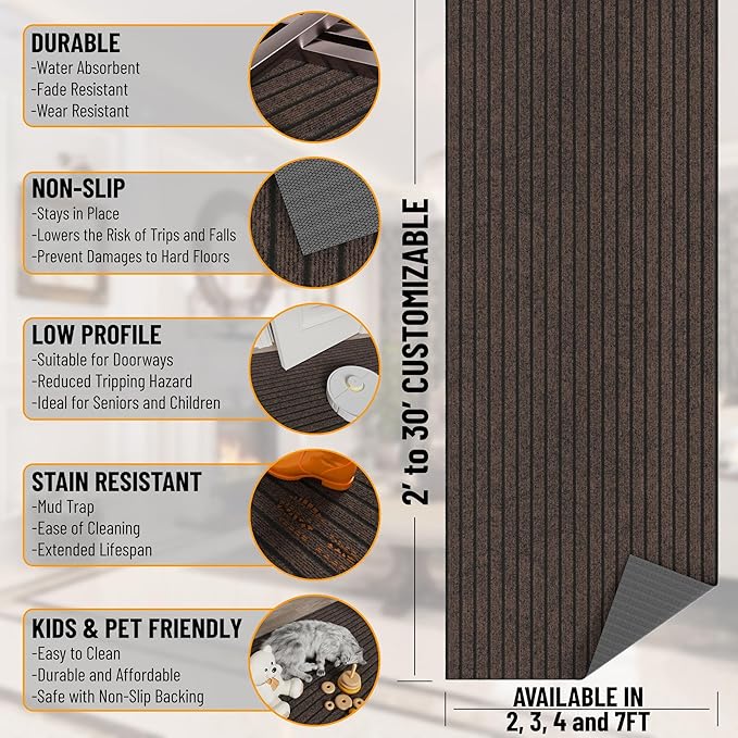 Ottomanson 2'7" x 34' Hallway Runner with Scraper Pile - Extra Durable Non-Slip Rug Mat for Indoor & Outdoor Use - Ideal for Kitchen, Entryway & Garage - High-Traffic Carpet, Brown