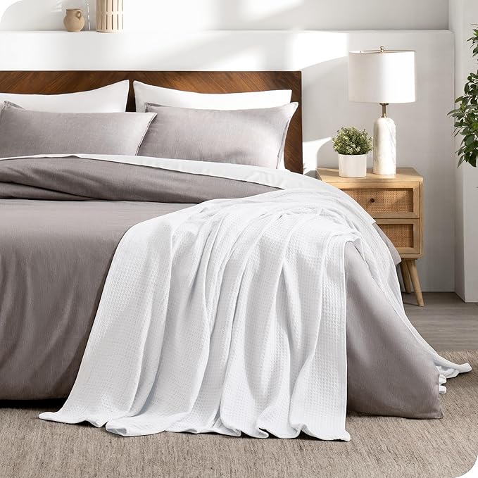 Bare Home White Waffle Blanket, Throw Size 44Wx66L, 100% Cotton, Soft & Breathable for All Seasons, Lightweight, Perfect for Layering Bed, Sofa & Couch (Throw/Travel, White)