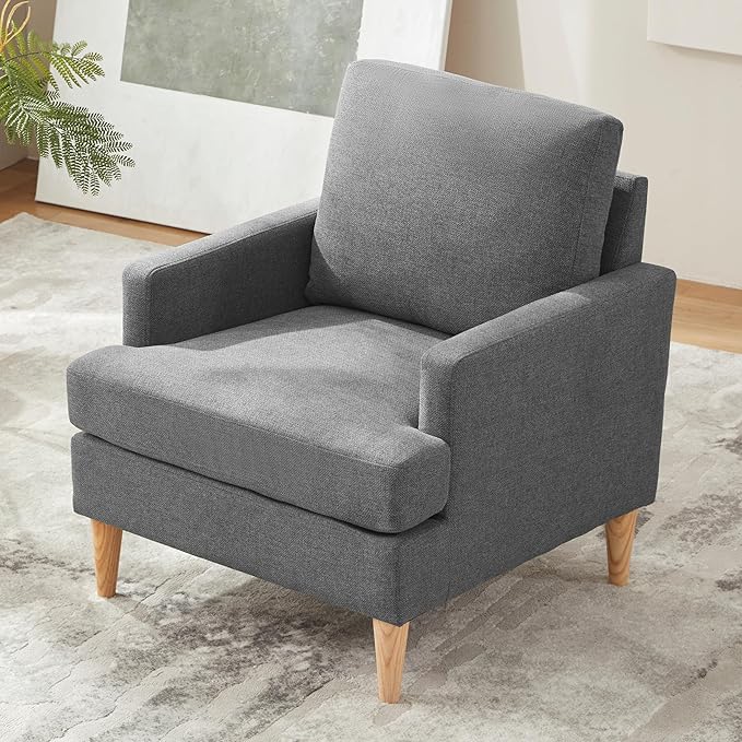 VKNOW Mid-Century Accent Chair, No Tools Assembly Required, Modern Upholstered Polyester Armchair for Living Room,Comfy Reading Accent Chairs with Wood Legs for Bedroom, Dark Grey