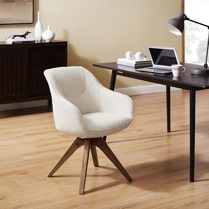 Zouron Mid Century Modern Accent Chair with Oak Wood Legs, Upholstered Swivel Chair No Wheels, Side Accent Armchair Vanity Chair for Small Space Home Office Living Room Bedroom, Ivory
