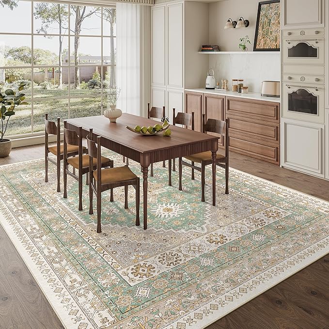 zesthome 8x10 Area Rugs for Living Room,Non-Slip Backing Washable Rugs,Vintage Large Area Rug，Stain Resistant Home Decor Rug (Green/Brown,8'x10')