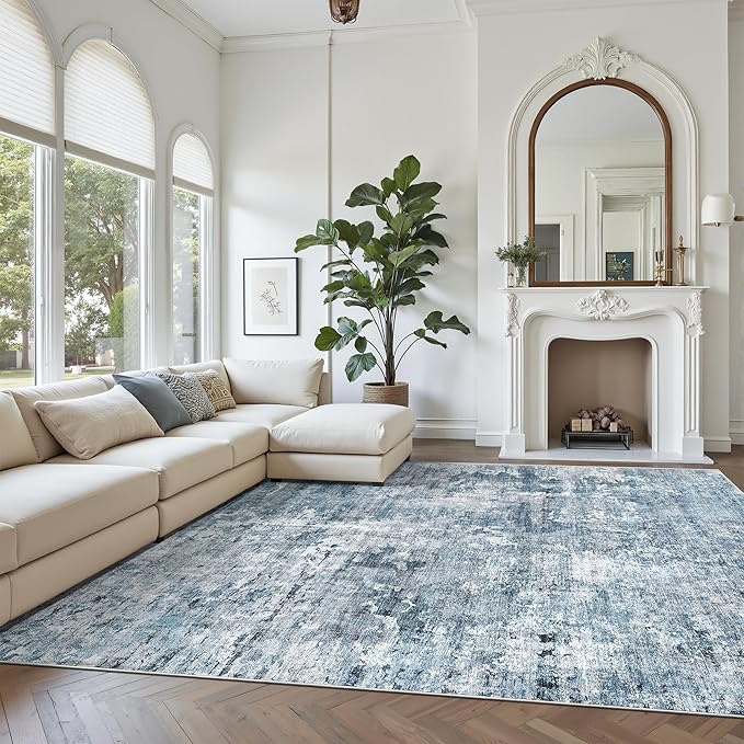 9x12 Area Rugs for Living Room, Abstract Non Slip Machine Washable Vintage Rugs, Low Pile Lightweight Large Rug for Bedroom, Dining Room, Home Office Blue