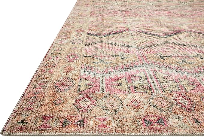 Loloi Layla Collection LAY-17 Pink/Lagoon 2'-6" x 7'-6" .13" Thick Runner Rug, Soft, Durable, Vintage Inspired, Distressed, Low Pile, Non-Shedding, Easy Clean, Printed, Living Room Rug
