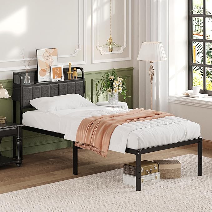 16 Inch Twin XL Bed Frames with Upholstered Storage Headboard, Heavy Duty XL Twin Bed Frame No Box Spring Need, Gray