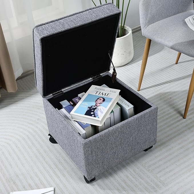 Adeco 17.5" Grey Square Storage Ottoman with Wheels, Modern Cotton Linen Foot Stool with Rollers - Movable & Convenient & Practical, Small Footstool for Living Room, Bedroom