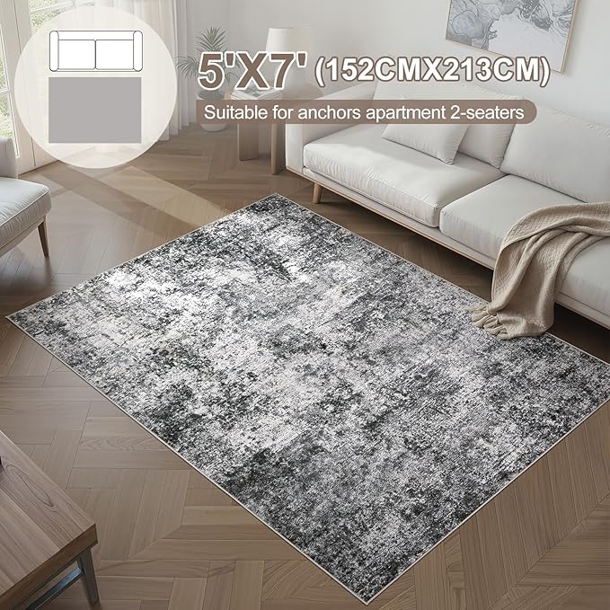 Area Rug Living Room Rugs - 5x7 Large Soft Indoor Neutral Modern Abstract Low Pile Washable Rug Carpet for Bedroom Dining Room Farmhouse Home Office - Grey