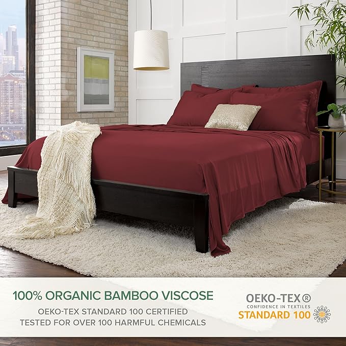 Pure Bamboo Twin Sheets, Genuine 100% Organic Viscose Derived from Bamboo Bed Sheet Set, Luxuriously Soft & Cooling, Double Stitching, 2 Year Quality Promise (Twin, Merlot)