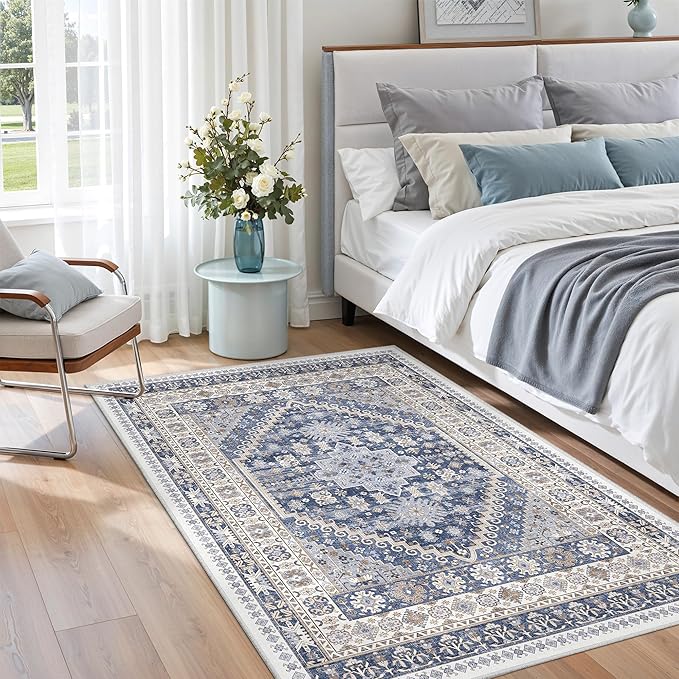 zesthome 4x6 Rug - Stain Resistant Washable Rug, Anti Slip Backing Rugs for Living Room, Foldable Vintage Small Area Rugs (Blue/Beige,4'x6')