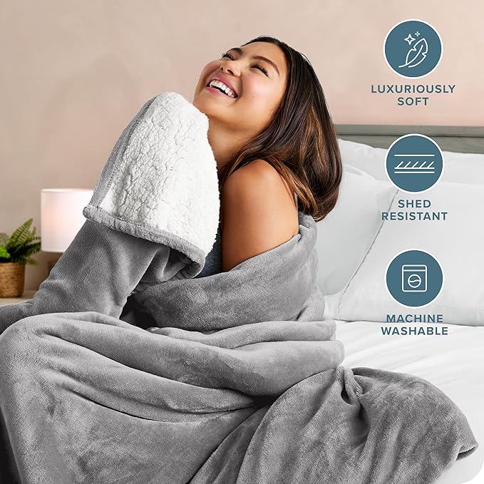 Bare Home Sherpa Fleece Blanket - Full/Queen Size - Blanket for Bed, Sofa, and Couch - Warm & Lightweight - Fluffy & Soft - Reversible (Full/Queen, Light Grey)