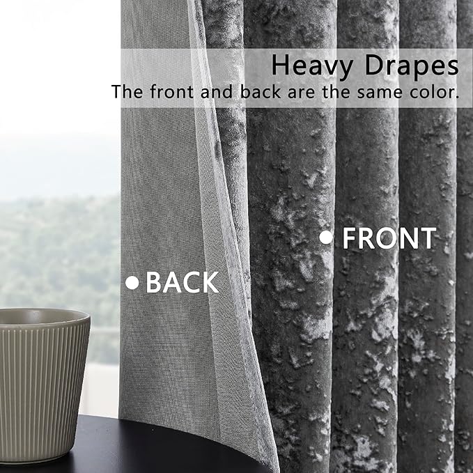 SMILETIME Grey Crushed Velvet Curtains 52x84inch Rod Pocket Luxurious Thermal Insulated Soundproof Drapes Soft and Durable Light-Filtering Window Treatments for Living Room Bedroom, 2 Panels