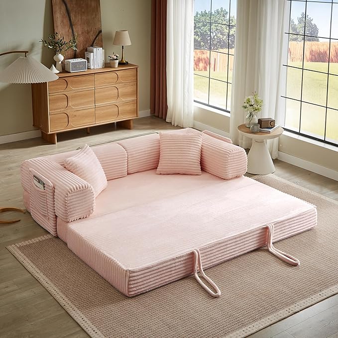 Boneless Couch Folding Couches for Living Room Sofa, Futon Sofa Bed with Sleeper Sofa, Futon Couch with Fixed-Shape Oversized Corduroy Upholstered (Pink, 81 Inches)