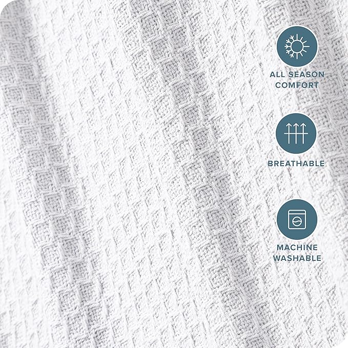 Bare Home White Waffle Blanket, 108Wx90L, 100% Cotton, Soft & Breathable for All Seasons, Lightweight Blanket, Perfect for Layering Bed, Sofa & Couch (King/Cal King, White)