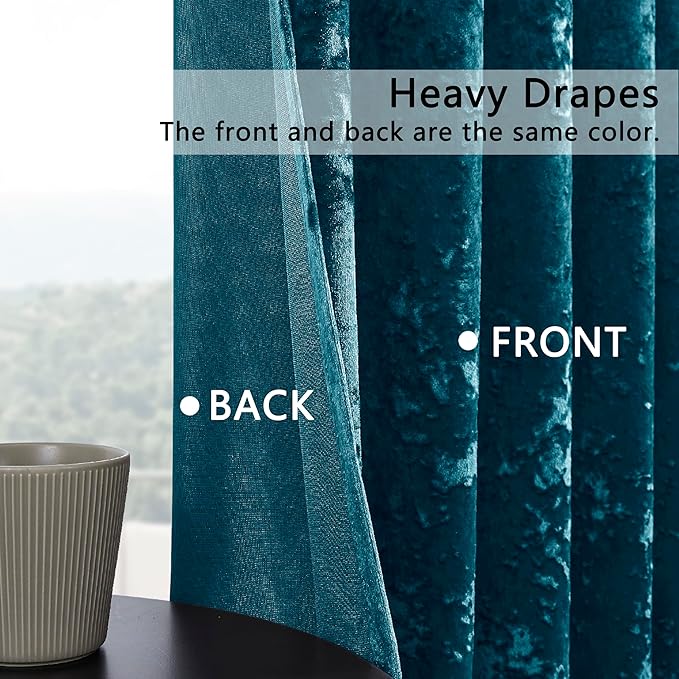 SMILETIME Tranquil Blue Crushed Velvet Curtains 52x108inch Rod Pocket Luxurious Thermal Insulated Soundproof Drapes Soft and Durable Light-Filtering Window Treatments for Living Room Bedroom, 2 Panels