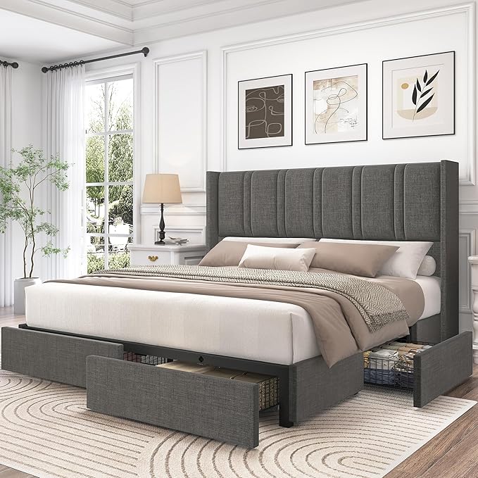 LARMACE King Size Bed Frame with Storage Drawers and Wingback Headboard, Linen Upholstered Platform Bed Frame with Wooden Slats, Easy Assembly, Light Grey