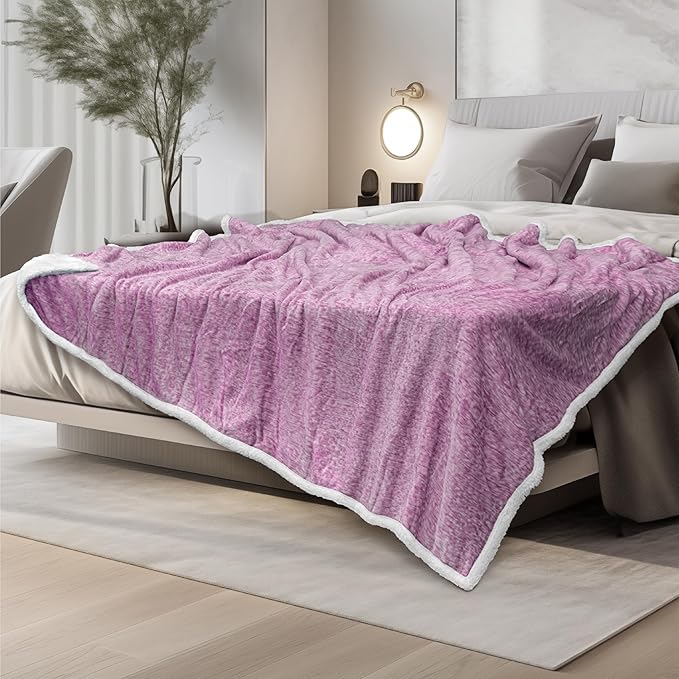 Premium Sherpa Melange Throw Blanket for Couch, Sofa by Pavilia | Soft, Fluffy, Plush, Warm, Cozy | Fuzzy Lightweight Microfiber, Purple Wine Luxury Modern Reversible TV Blanket | 50 x 60 Inches