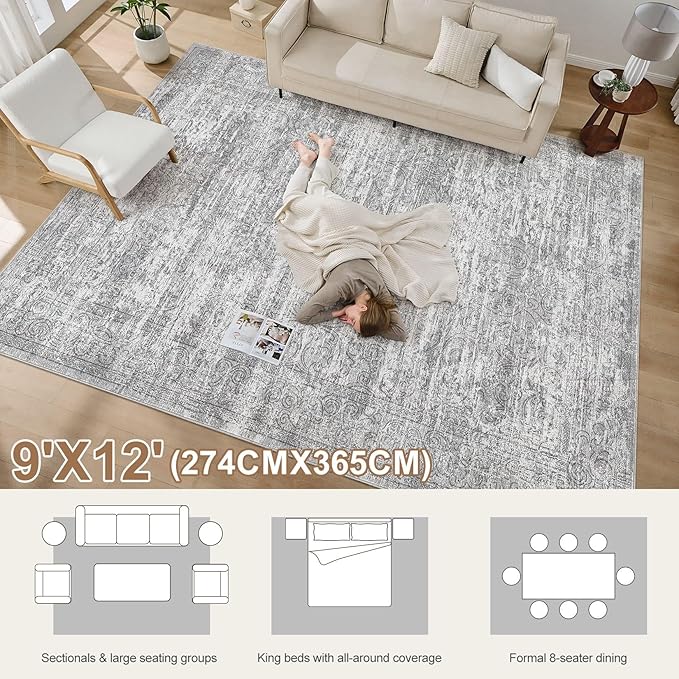 Area Rug Living Room Rugs - 9x12 Abstract Large Soft Indoor Washable Rug Neutral Modern Low Pile Carpet for Bedroom Dining Room Farmhouse Home Office - Vintage Grey