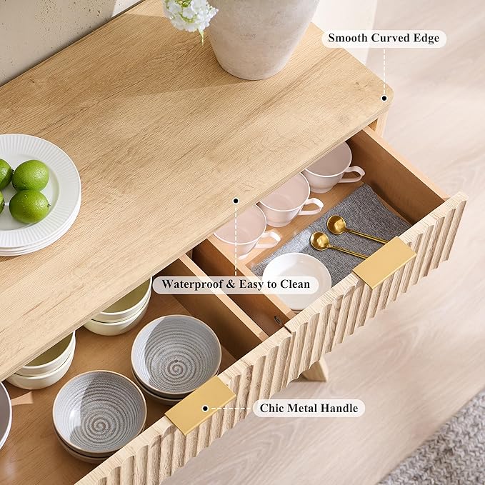 OKD Fluted Storage Cabinet with Drawers, 60" Morden Buffet Sideboard Coffee Bar Cabinet with 4 Doors and 3 Drawers for Dining Room, Living Room,Hallway (Natural Oak)