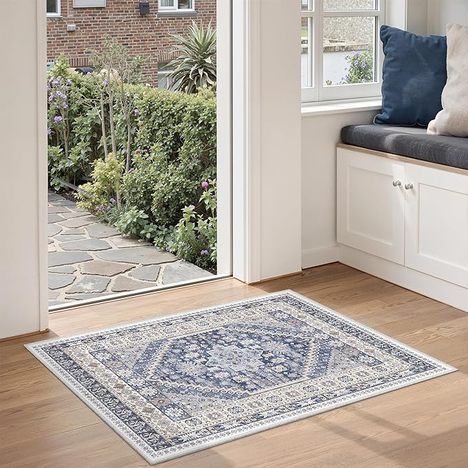 zesthome 2x3 Entryway Rug, Soft Washable Rugs, Non Slip Area Rug, Stain Resistant Low Pile Rugs for Bedroom, Vintage Rug for Door Mat, Kitchen (Blue/Beige,2'x3')