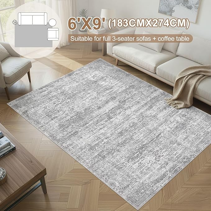 Area Rug Living Room Rugs - 6x9 Abstract Large Soft Indoor Washable Rug Neutral Modern Low Pile Carpet for Bedroom Dining Room Farmhouse Home Office - Vintage Grey