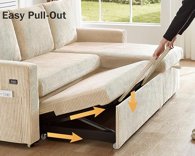 Vipbear 80" Sectional Sleeper Sofa Bed with Pull Out Bed, L Shaped Couch Pull Out Couch with Reclining Backrest, Reversible Storage Chaise, USB Ports, Tool-Free Assembly, Corduroy Beige Color