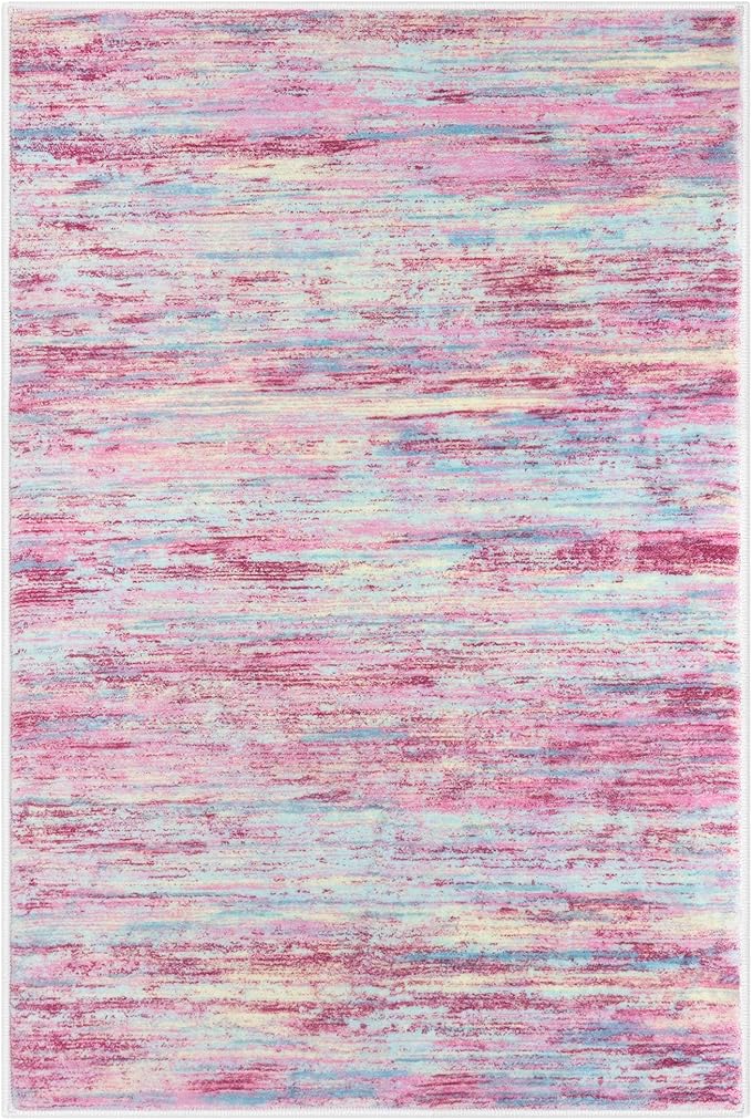 2x3 Modern Abstract Rug for Entryway, Pink Colorful Super Soft Small Area Rug, Washable Non-Slip Kitchen Rugs, Low-Pile Mat for Bedside, Indoor Door Mat