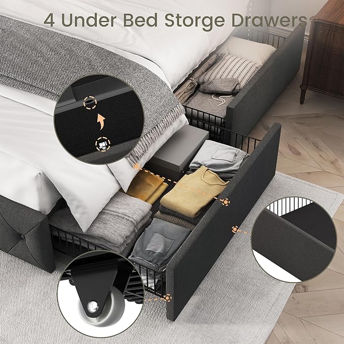 LARMACE Full Size Bed Frame with 4 Storage Drawers and Wingback Headboard Linen Upholstered Platform Bed Frame Tufted Beds with Wooden Slats Support, Easy Assembly, Dark Grey