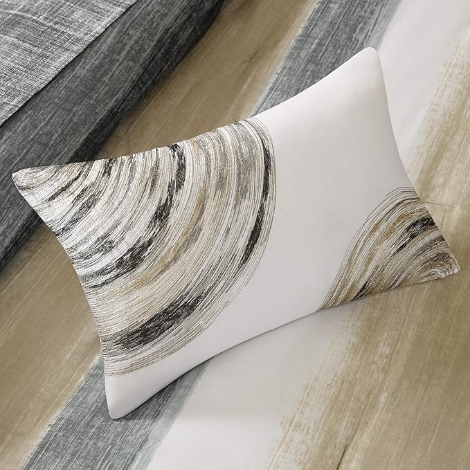 Madison Park Essentials Cal King Comforter Set, Bed in a Bag, Watercolor Print Coastal Comforter & Chambray Cotton Sheet Set, All Season Bedding Set, Saben, Taupe Cal-King (104 in x 92 in) 9 Piece