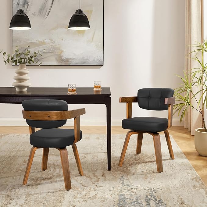 Art Leon Home Office Desk Chair - Mid Century Modern Chair, Faux Leather Office Chair No Wheels, Comfy Accent Arm Chair with Wood Legs for Small Spaces Living Room Bedroom Study, Black/Walnut