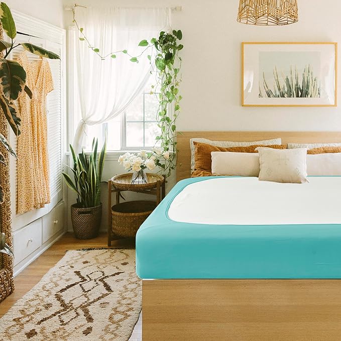 Biscaynebay Decorative Box Spring Cover Full & Full XL Size, Aqua Luxurious Jersey Knitting Stretchy Wrap Around 4 Sides Bed Skirt for Home/Hotels, Easy Fit Wrinkle & Fade Free Machine Washable